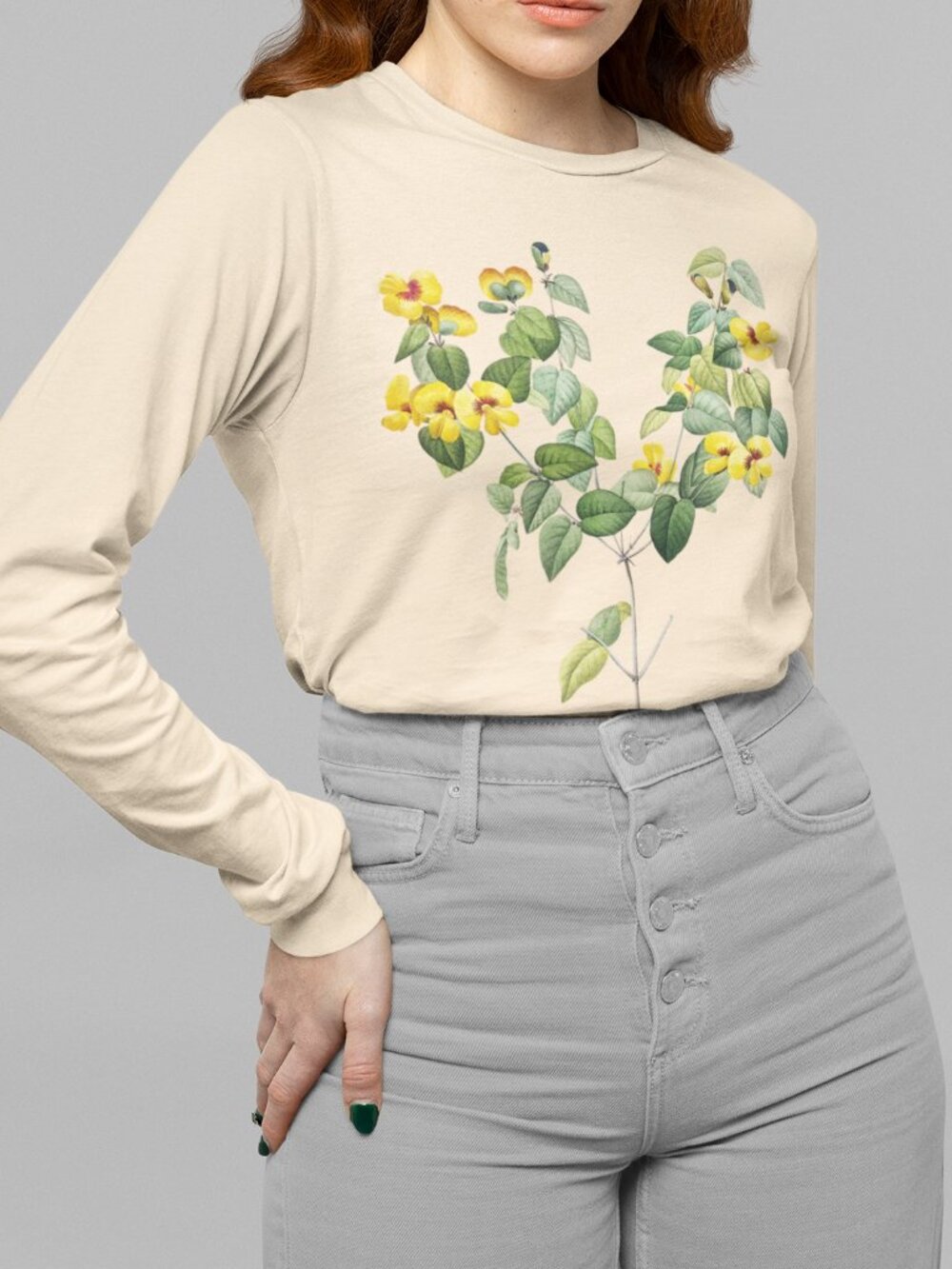 Everlasting Pea Vintage Floral Print Long Sleeve Graphic Tee T-shirt S-XXL